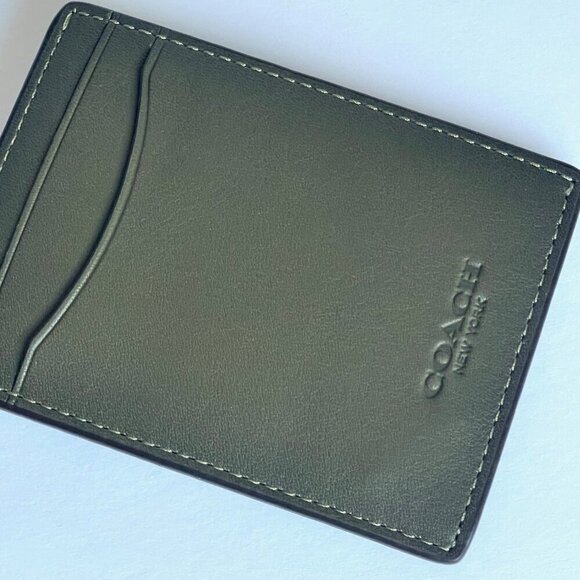 Coach Money Clip Card Case Mens Army Green Leather C6702 Wallet Compact - Picture 4 of 9
